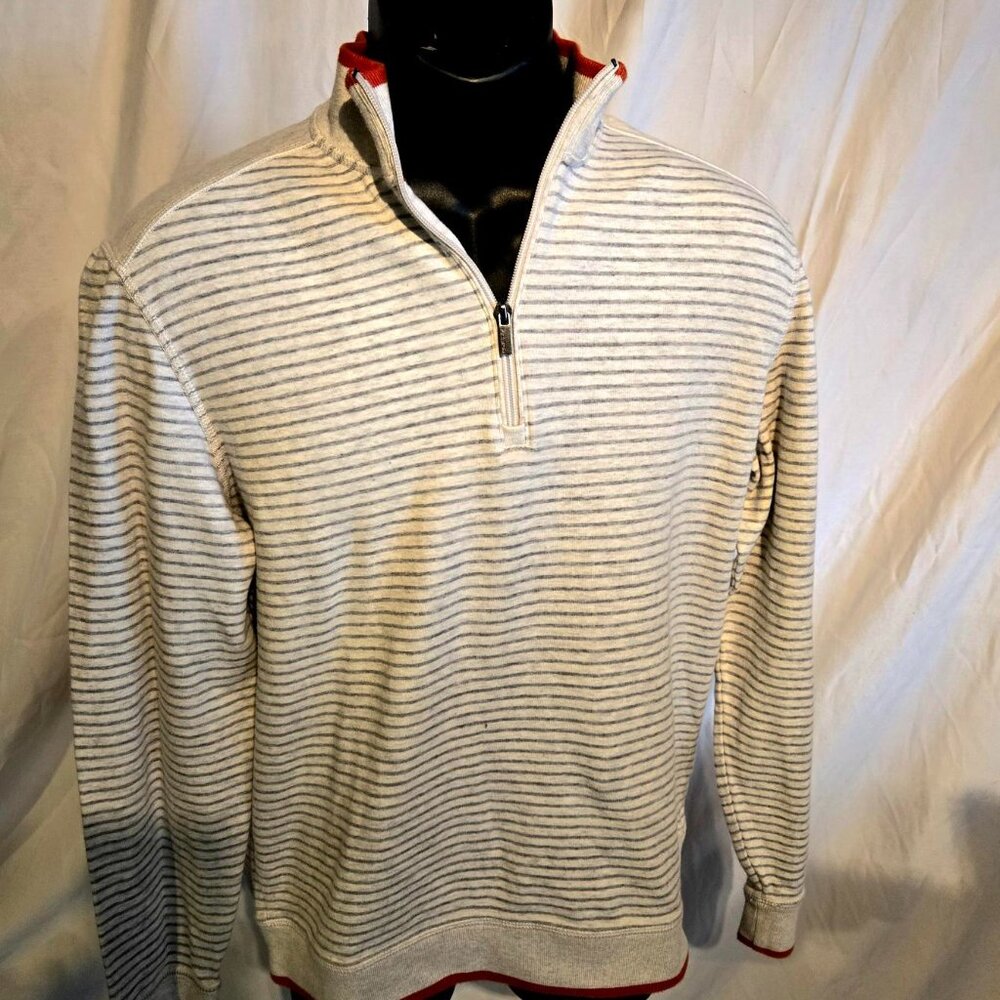 Bugatchi Sweater Men's Size M Gray Stripes Orange Trim Quarter Zip  Pullover